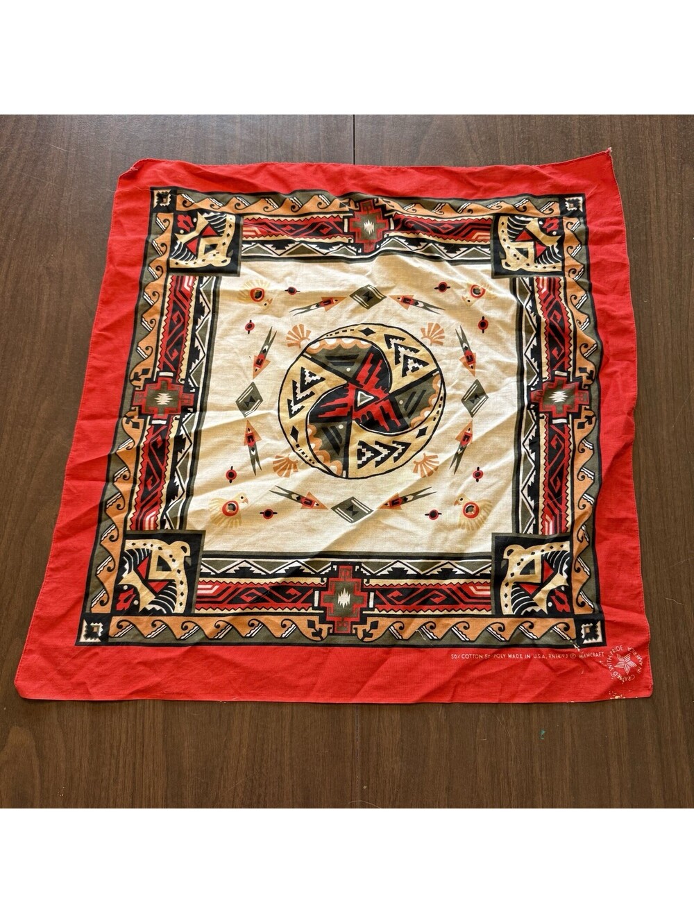 Vintage 80s/90s Wamcraft Southwest Raven Bandana Aztec Handkerchief USA